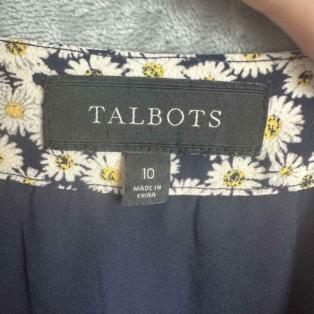 Talbots Pleated Skirt Women's 10 Blue w/ White Yellow Daisy Print A-Line Lined